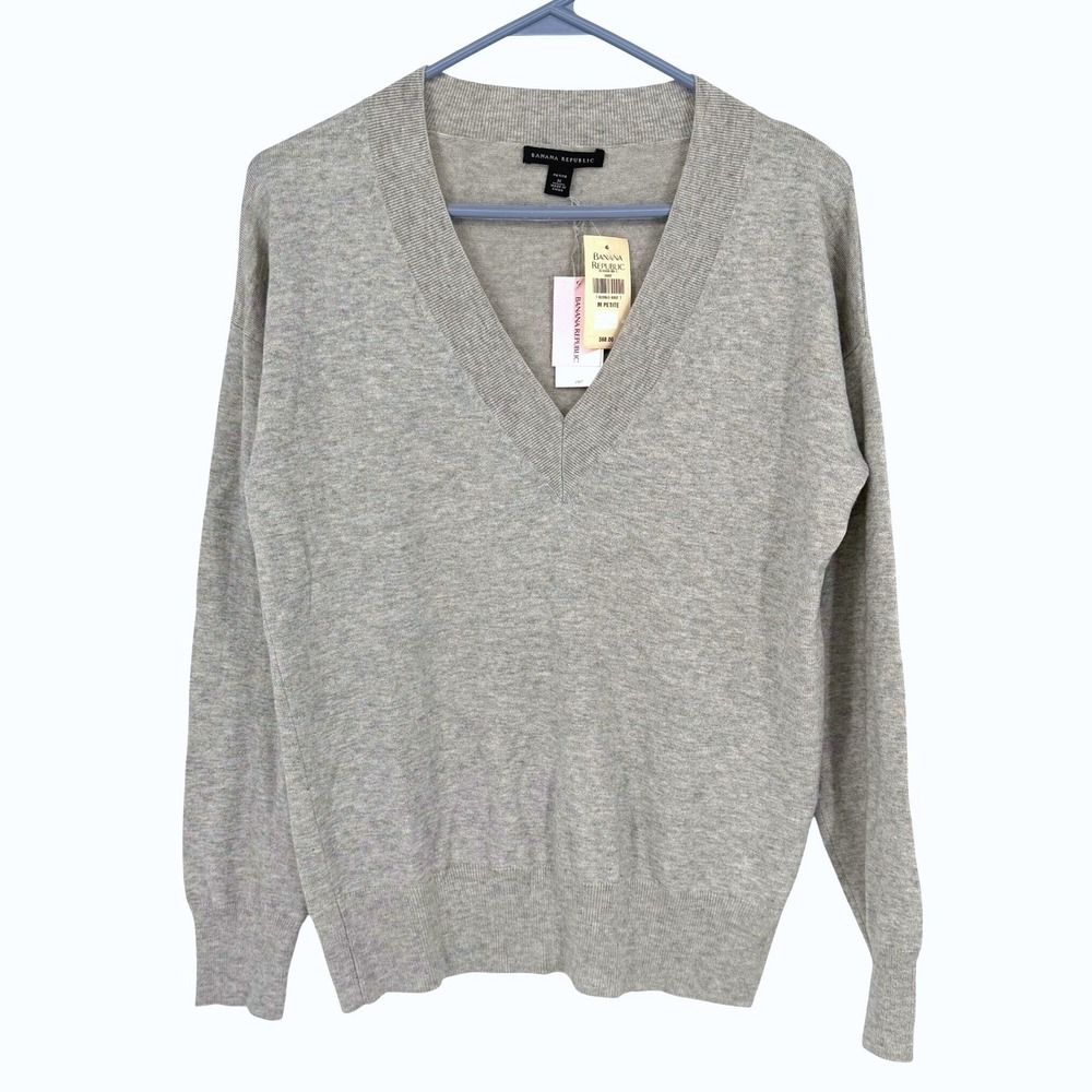 NWT Banana Republic Womens Silk‎ Cashmere Wool V-Neck Sweater Gray Petite Medium